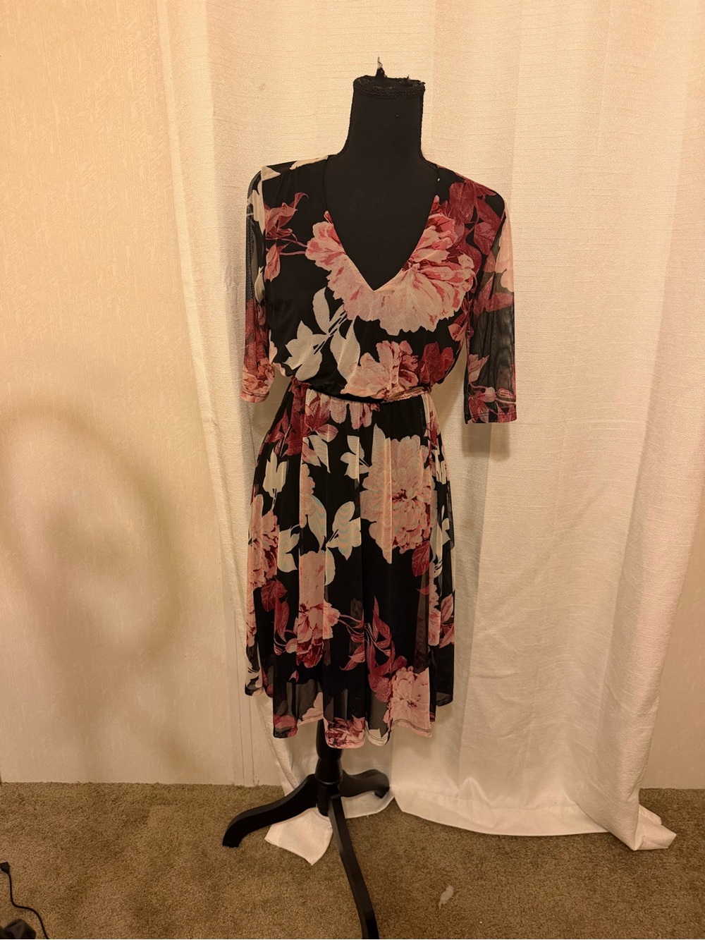 V-Neck Floral Midi Dress in Black and Blush